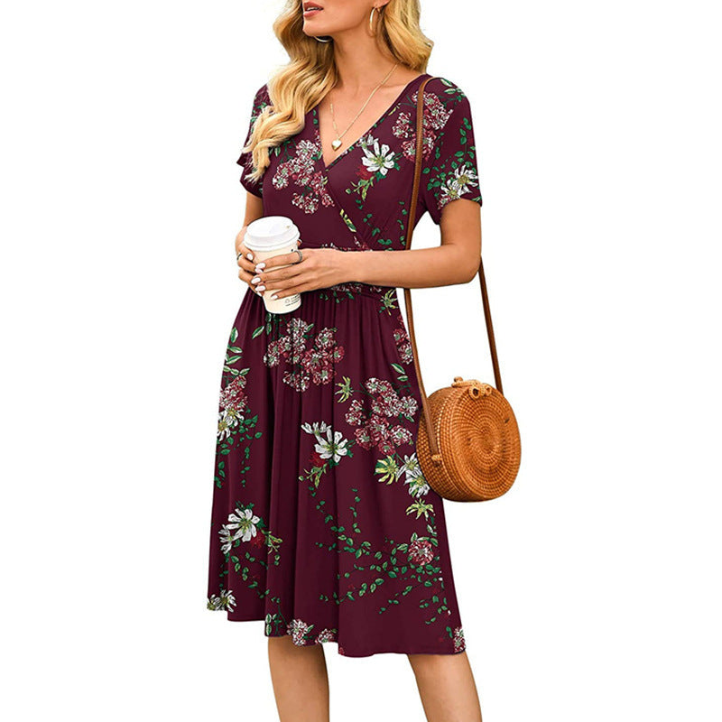 Women's Casual Floral V-Neck Short Sleeve A-Line Knee Length Dress