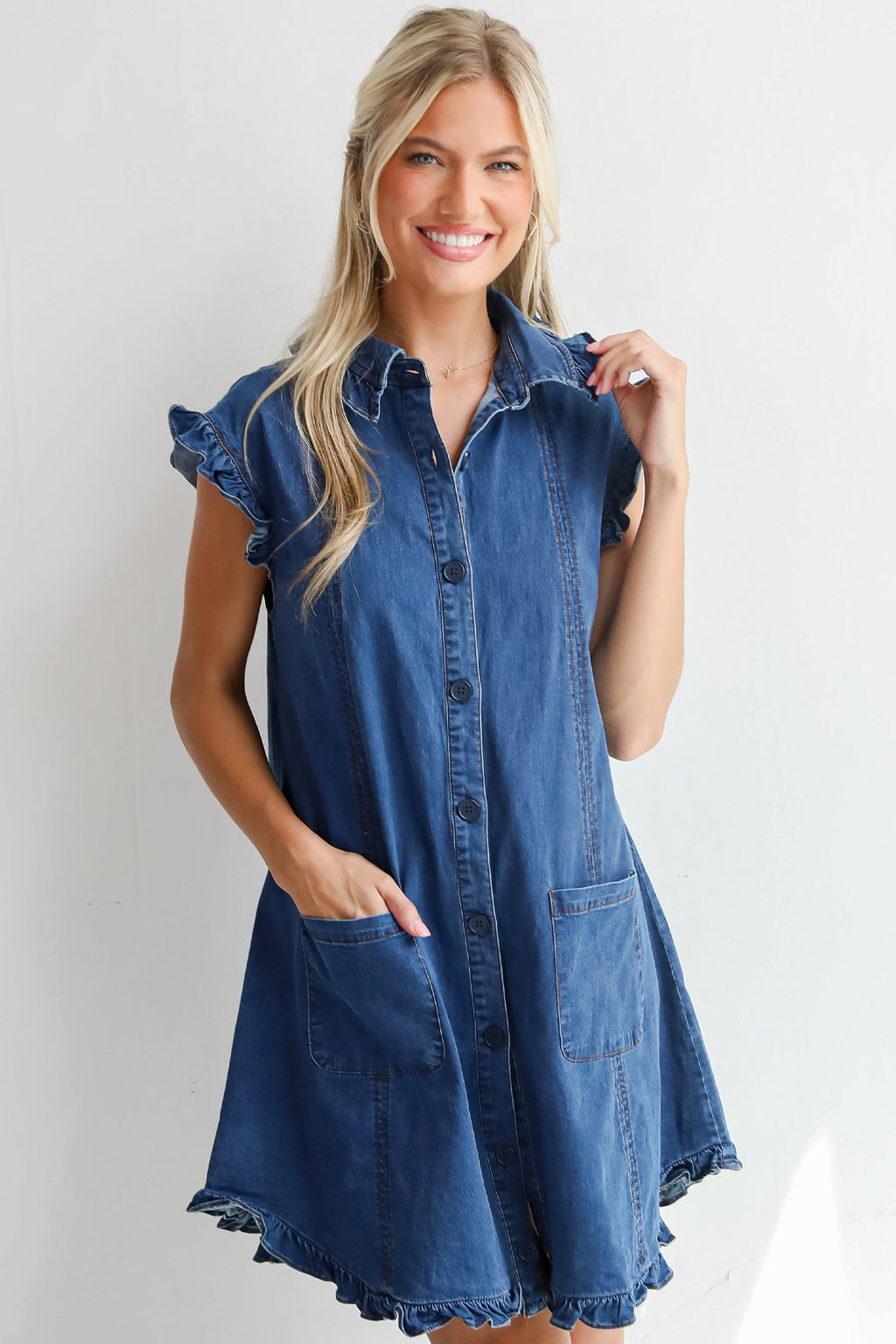 Beau Blue Ruffled Edge Collared Shift Denim Dress with Pockets
