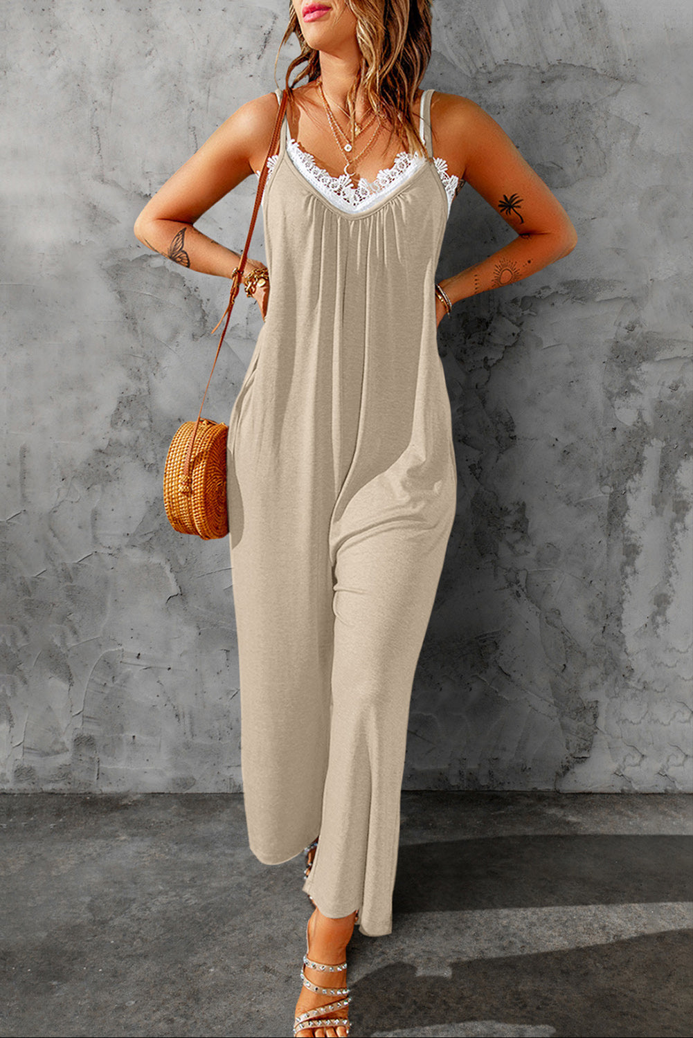Apricot Spaghetti Straps Wide Leg Pocketed Jumpsuits