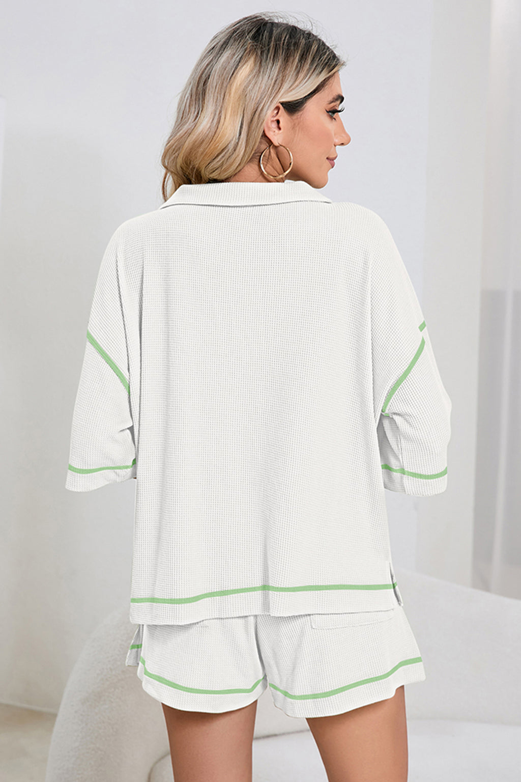 Light Beige-10 Breathable Waffle Color Block Trim 2pcs Casual Short Set