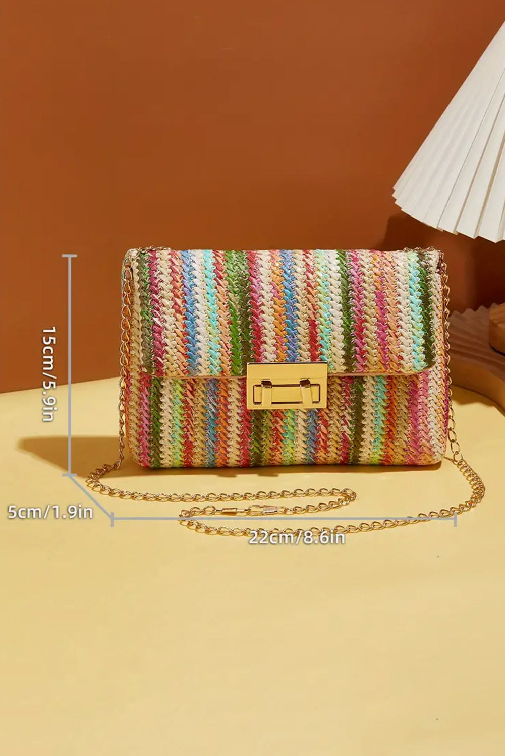 Multicolour Straw Plaited Gold Chain Clasp Closure Single Shoulder Bag