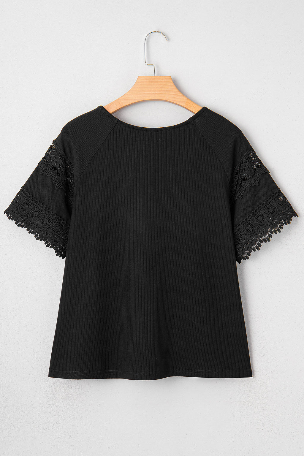 White Ribbed Lace Patchwork Short Sleeve Top