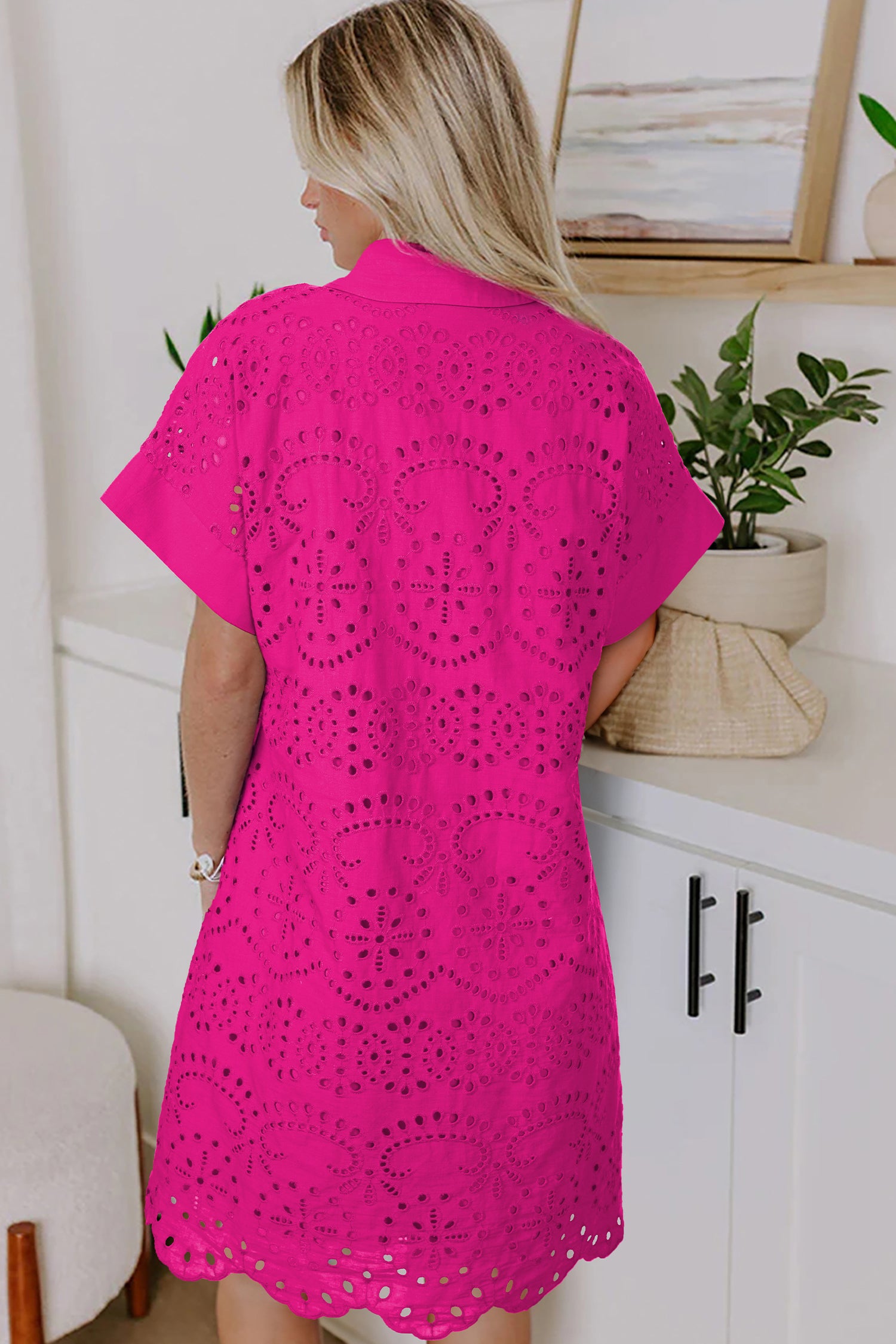 White Solid Color Eyelet Embroidered T Shirt Mini Dress