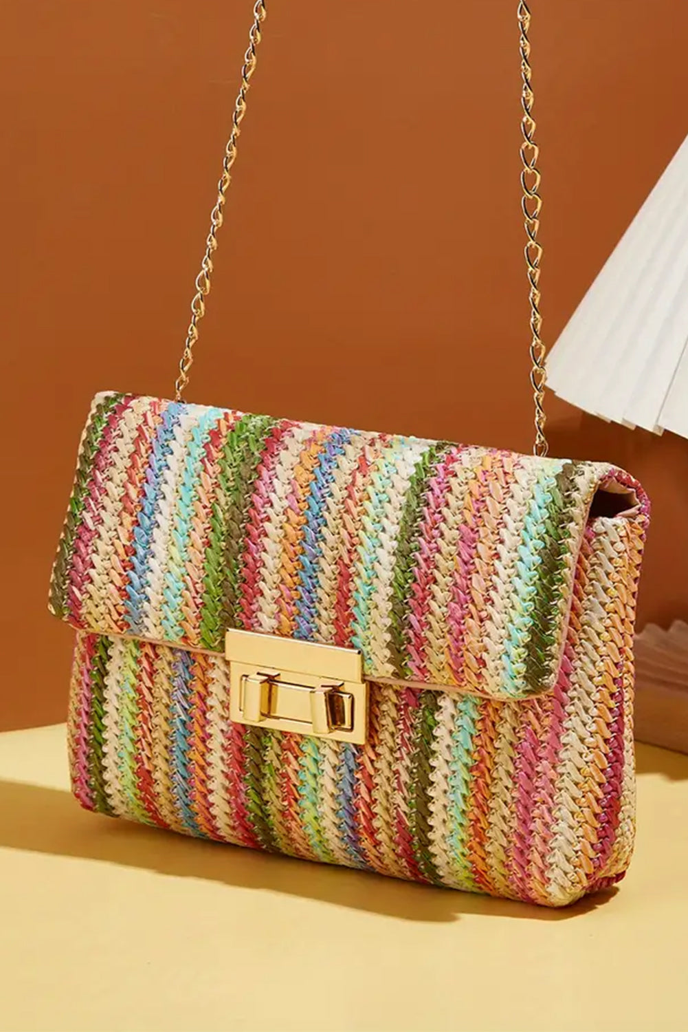 Multicolour Straw Plaited Gold Chain Clasp Closure Single Shoulder Bag