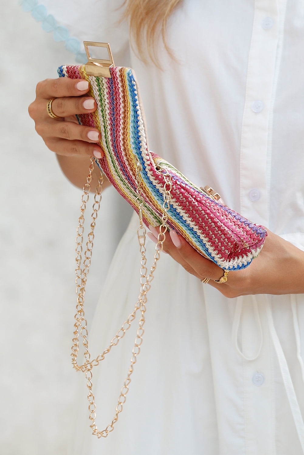 Multicolour Straw Plaited Gold Chain Clasp Closure Single Shoulder Bag