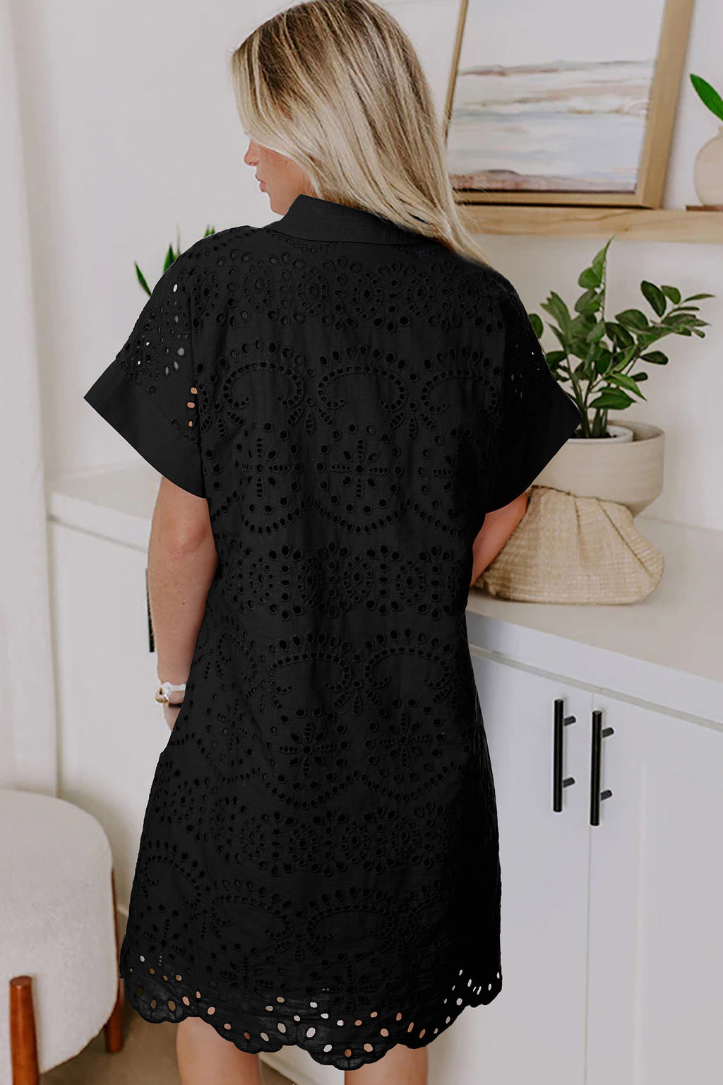 White Solid Color Eyelet Embroidered T Shirt Mini Dress