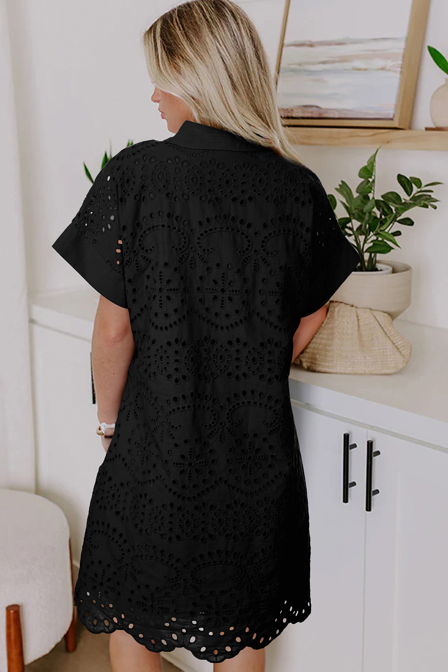 White Solid Color Eyelet Embroidered T Shirt Mini Dress