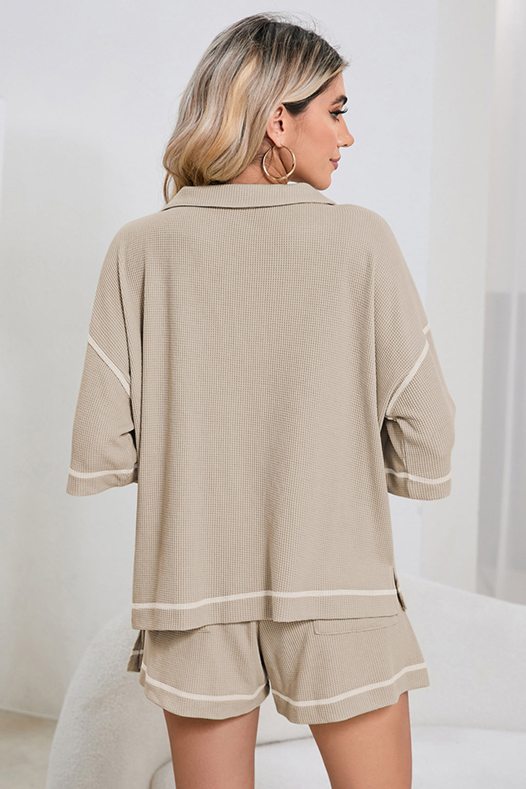 Light Beige-10 Breathable Waffle Color Block Trim 2pcs Casual Short Set