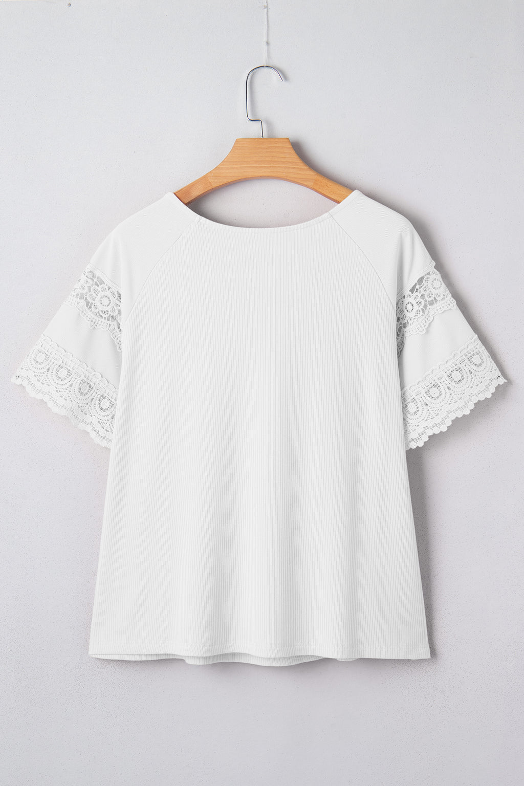 White Ribbed Lace Patchwork Short Sleeve Top