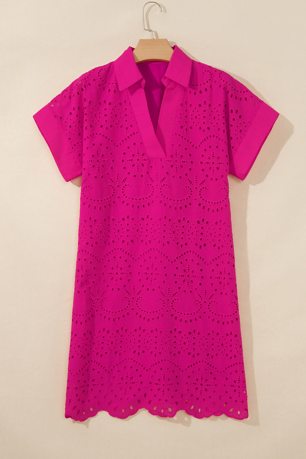White Solid Color Eyelet Embroidered T Shirt Mini Dress