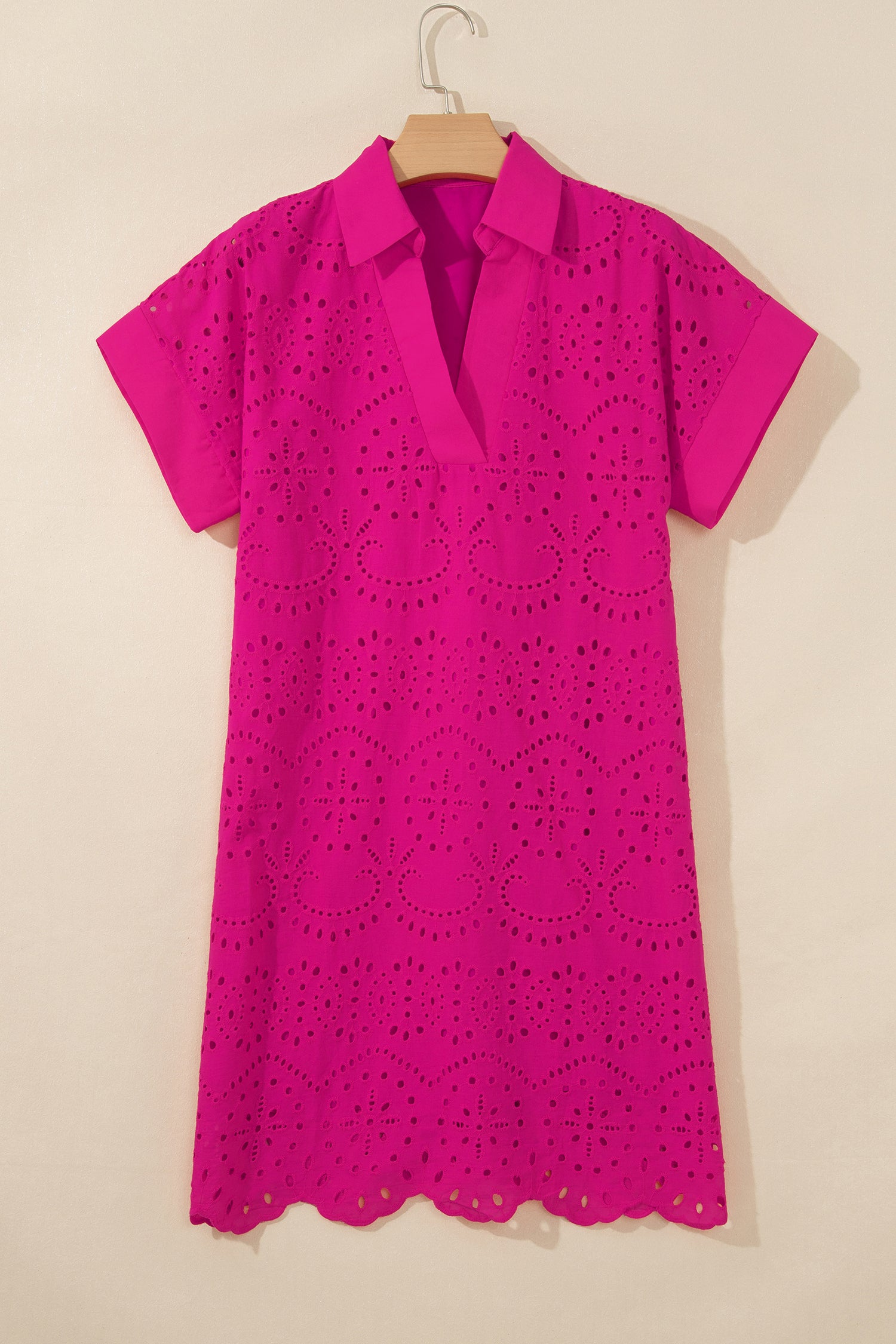 White Solid Color Eyelet Embroidered T Shirt Mini Dress
