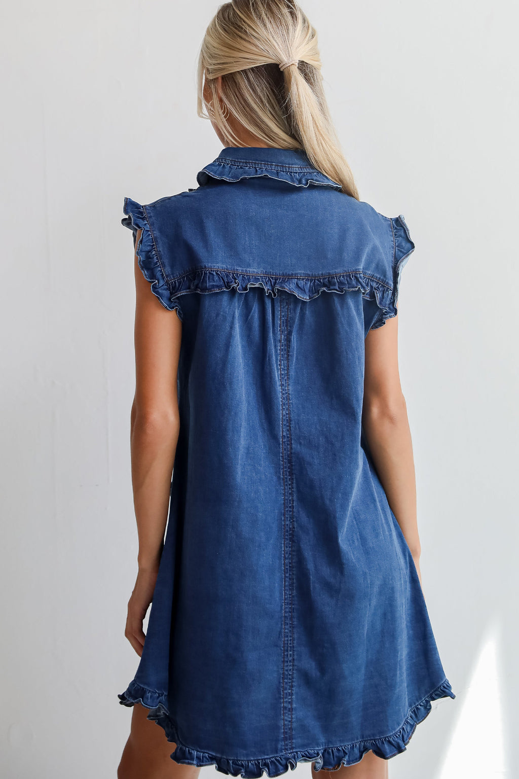 Beau Blue Ruffled Edge Collared Shift Denim Dress with Pockets