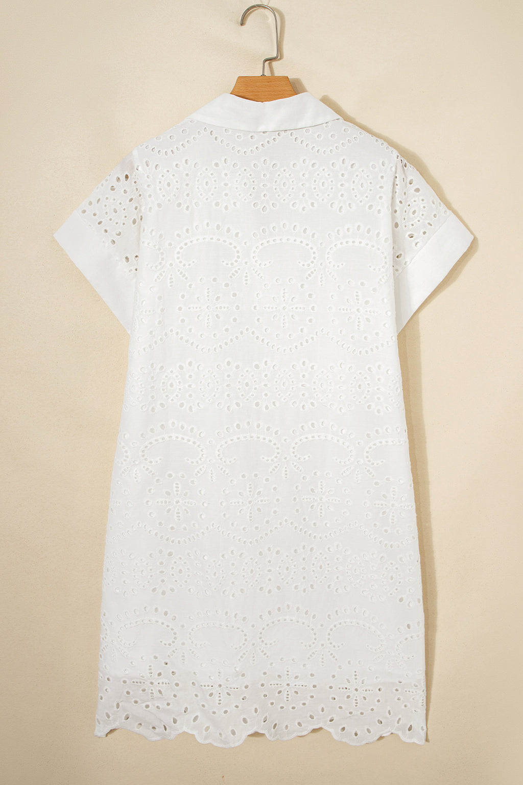 White Solid Color Eyelet Embroidered T Shirt Mini Dress