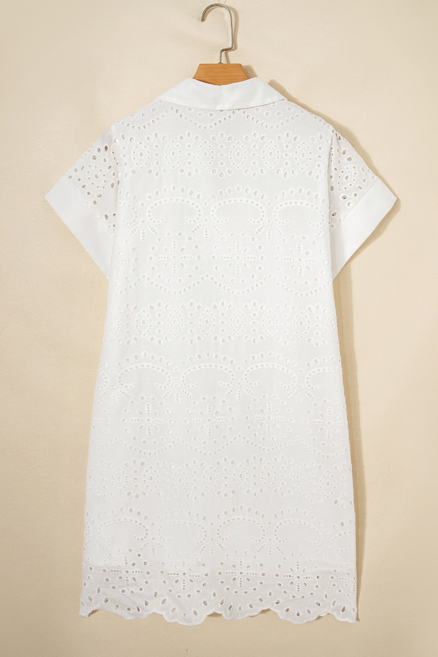 White Solid Color Eyelet Embroidered T Shirt Mini Dress
