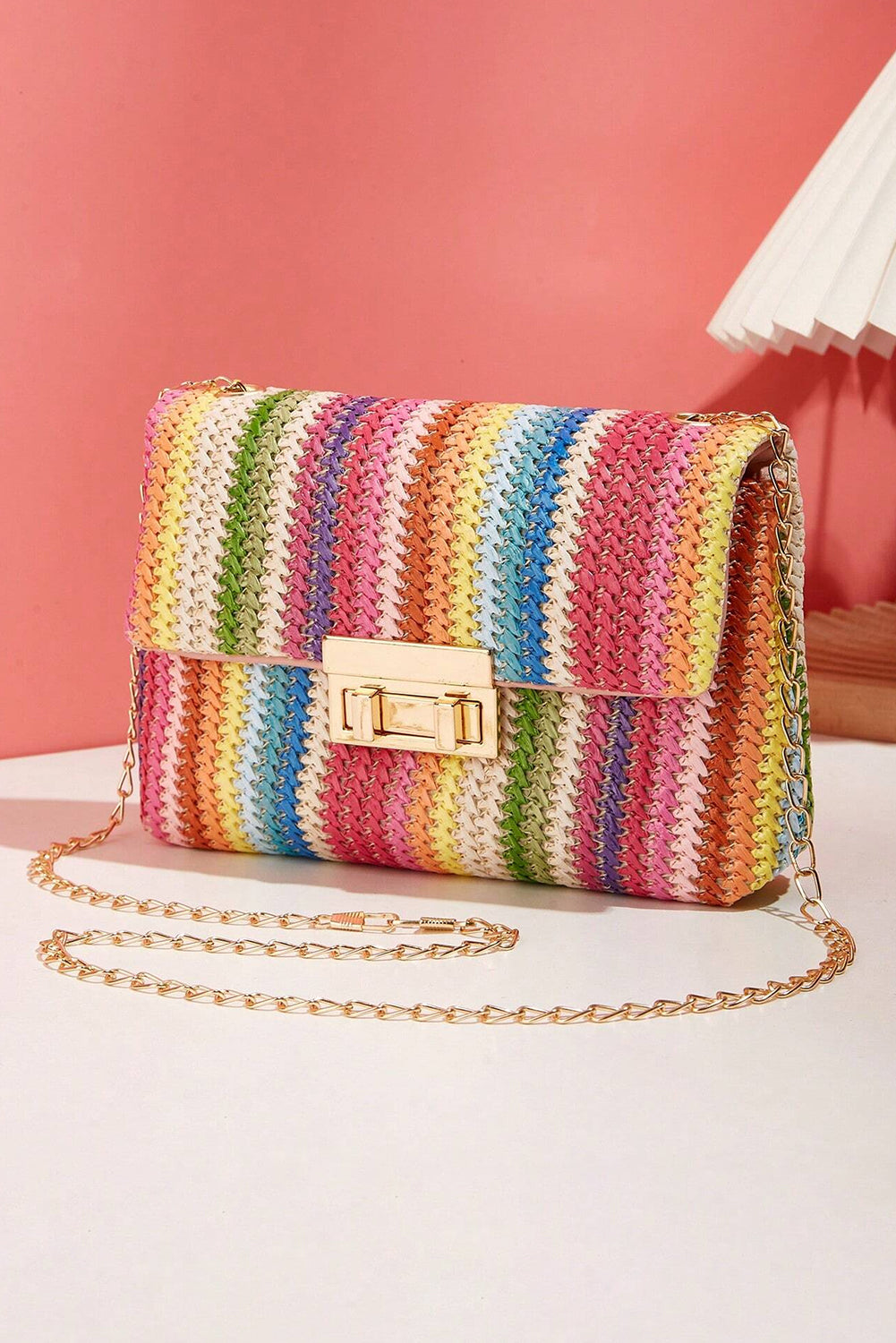 Multicolour Straw Plaited Gold Chain Clasp Closure Single Shoulder Bag