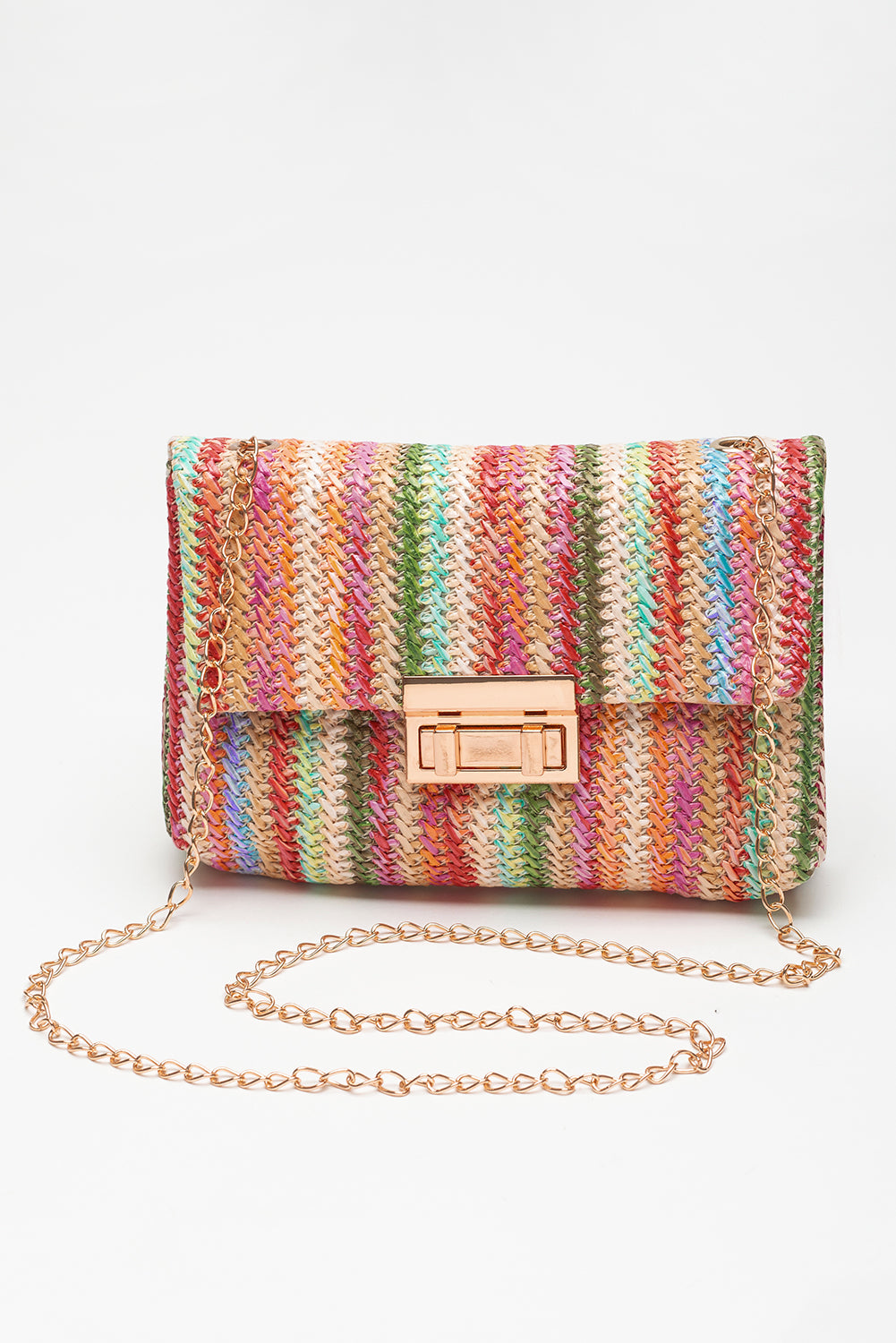 Multicolour Straw Plaited Gold Chain Clasp Closure Single Shoulder Bag