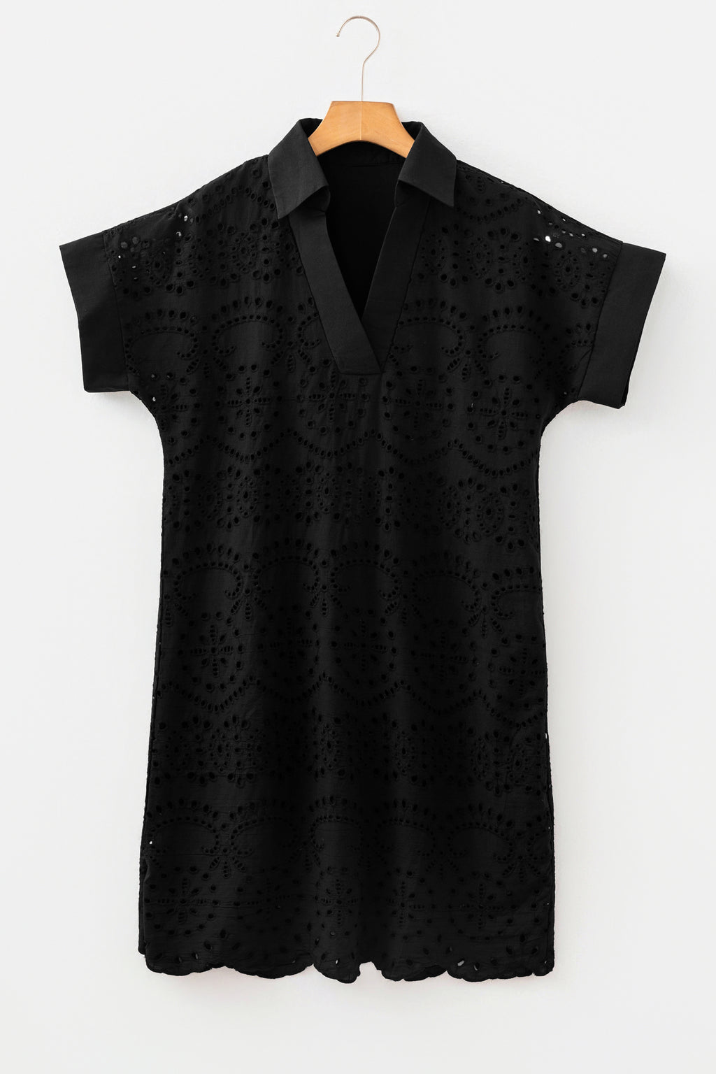 White Solid Color Eyelet Embroidered T Shirt Mini Dress