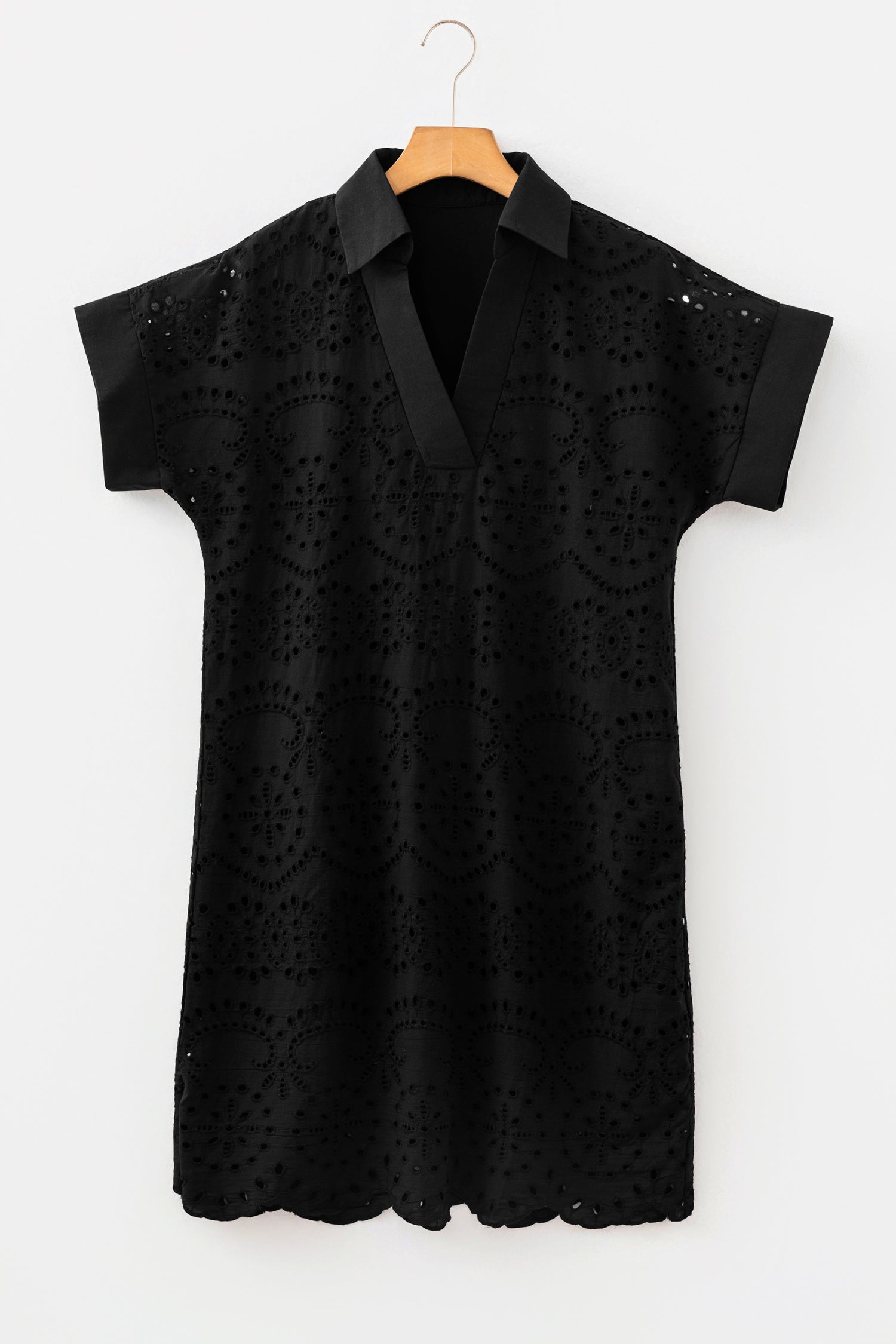 White Solid Color Eyelet Embroidered T Shirt Mini Dress