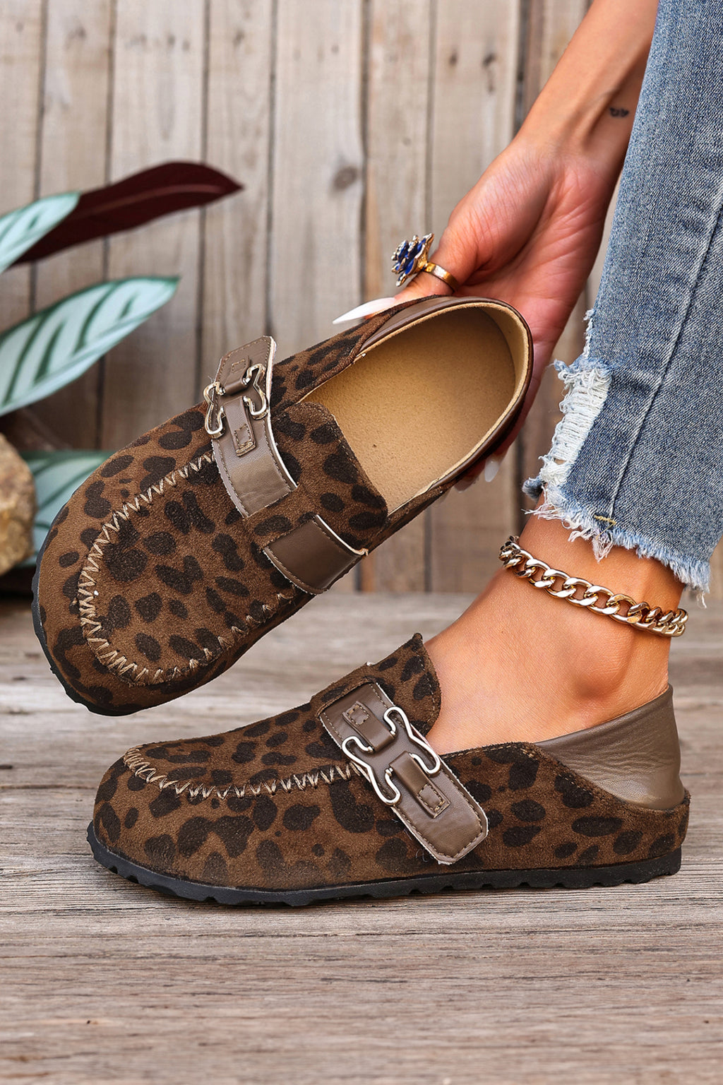 Coffee Faux Suede PU Leather Patchwork Retro Buckle Slip On Shoes