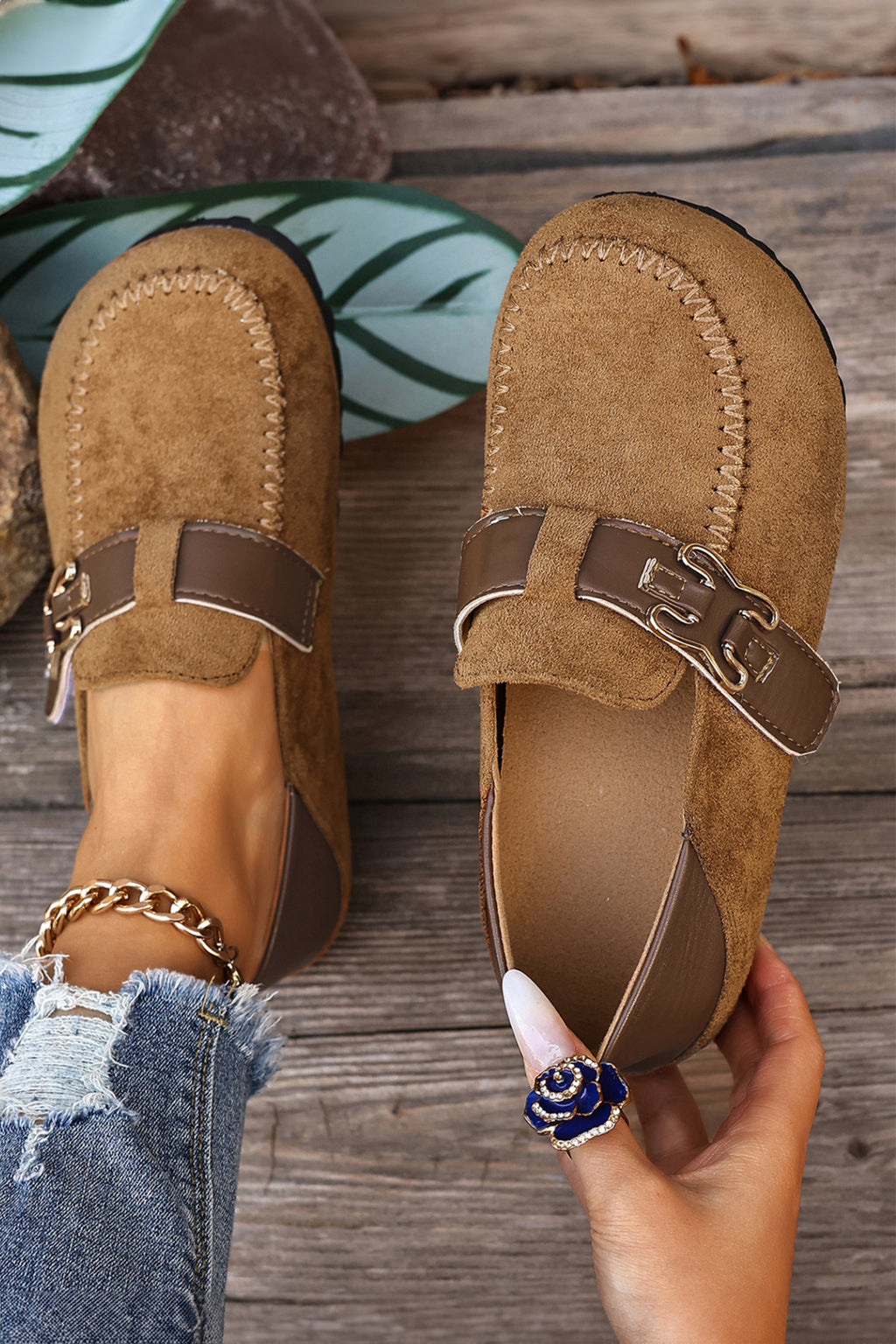 Coffee Faux Suede PU Leather Patchwork Retro Buckle Slip On Shoes