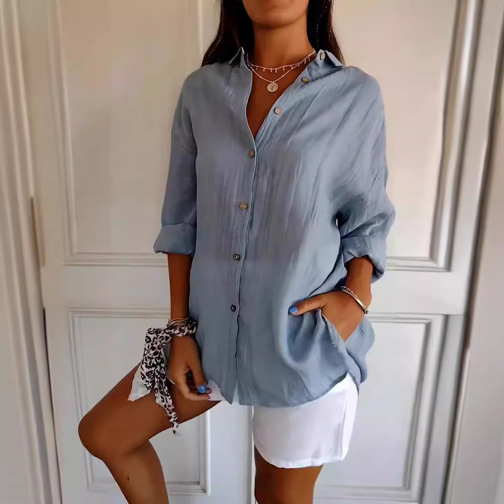 Lapel Long Sleeve Shirt Women's Single-breasted Pleated Shirt Tops Clothing