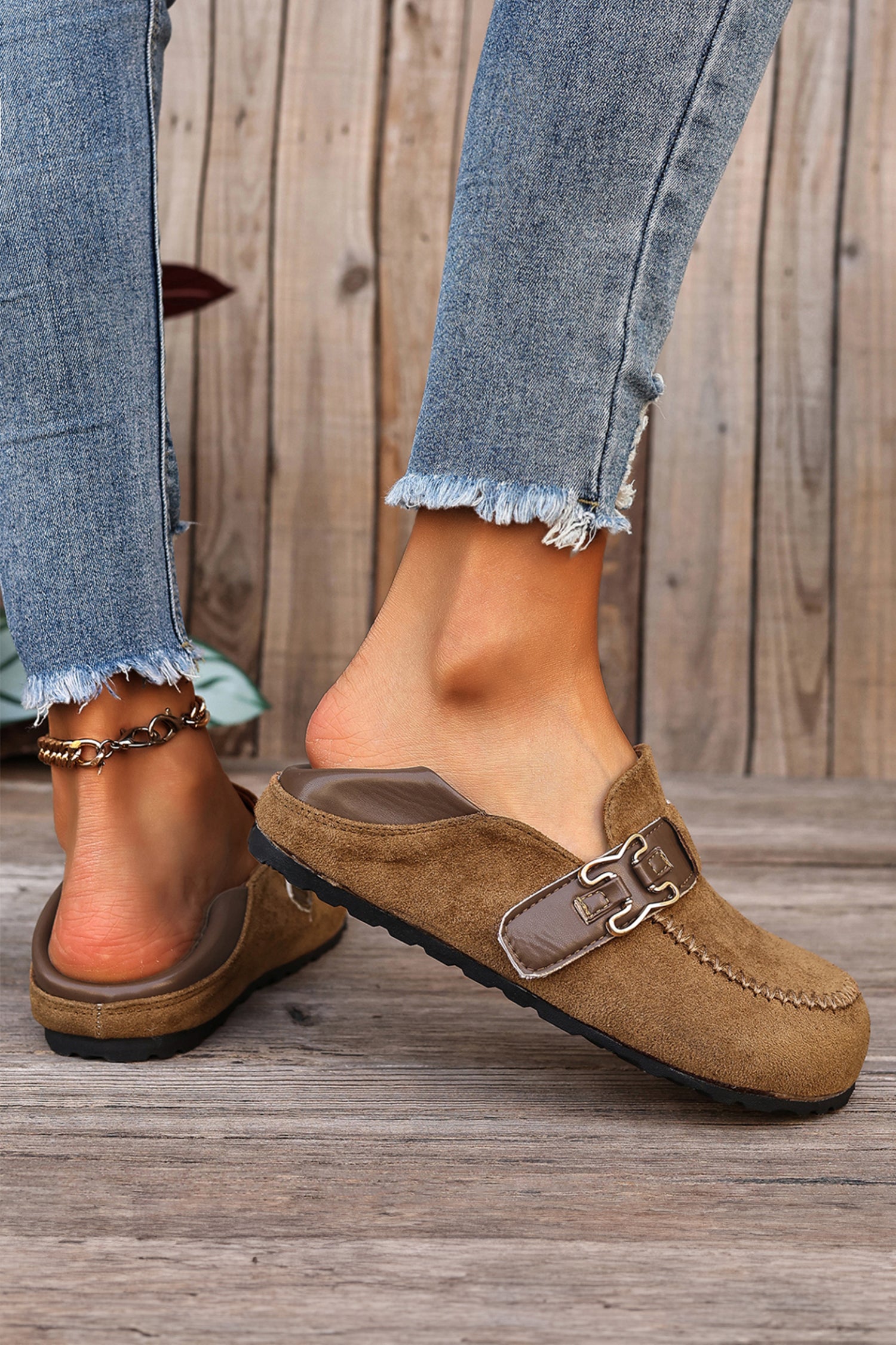 Coffee Faux Suede PU Leather Patchwork Retro Buckle Slip On Shoes