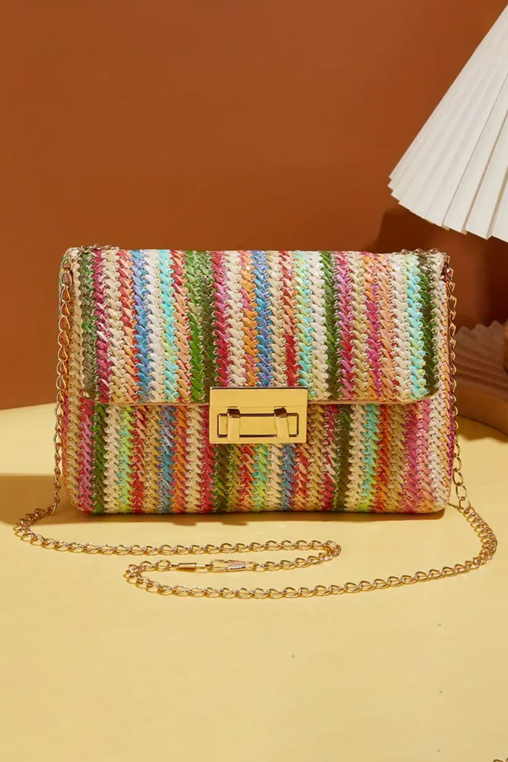 Multicolour Straw Plaited Gold Chain Clasp Closure Single Shoulder Bag