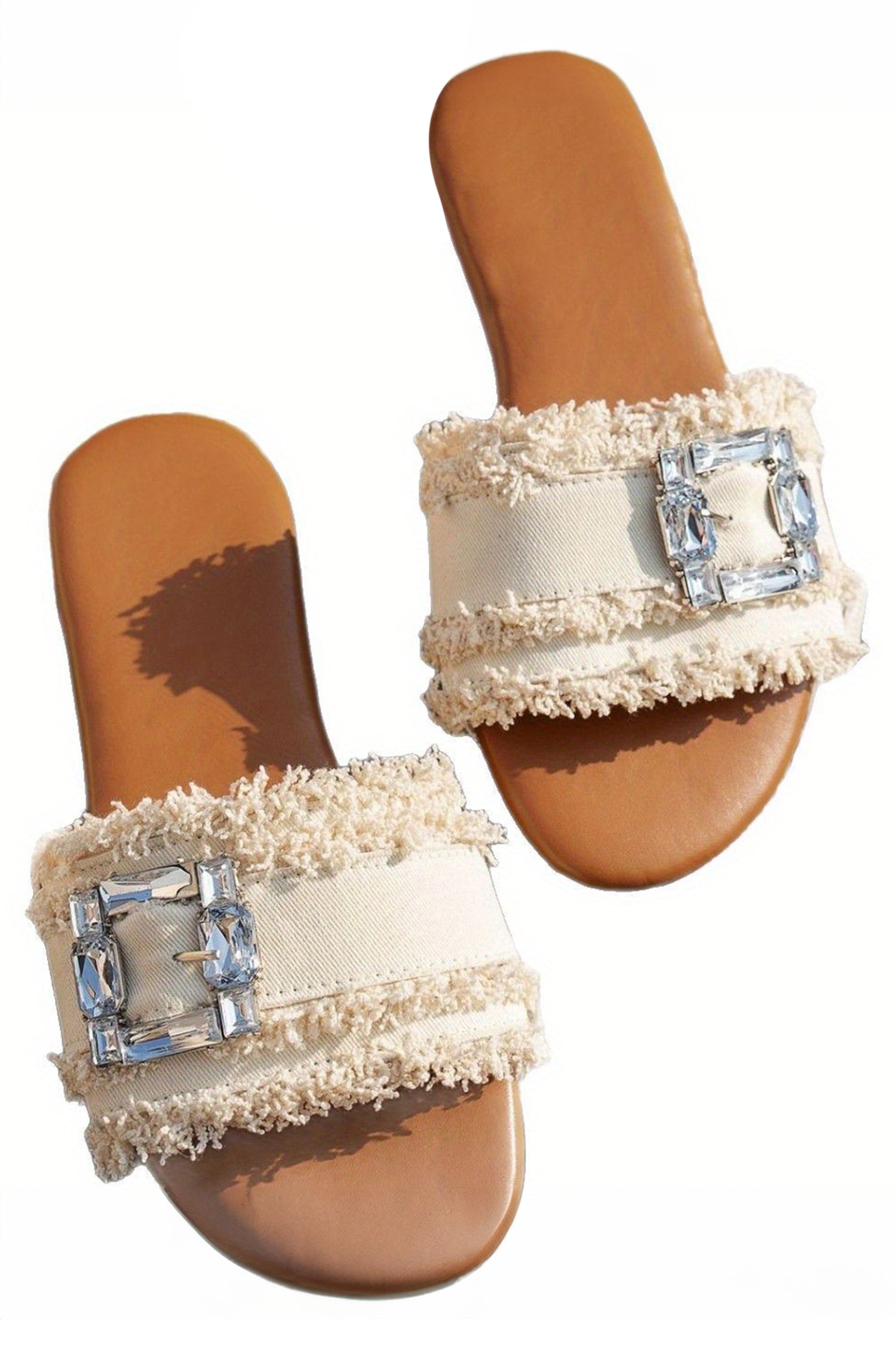 White Frayed Wide Band Rhinestone Buckle Detail Slippers