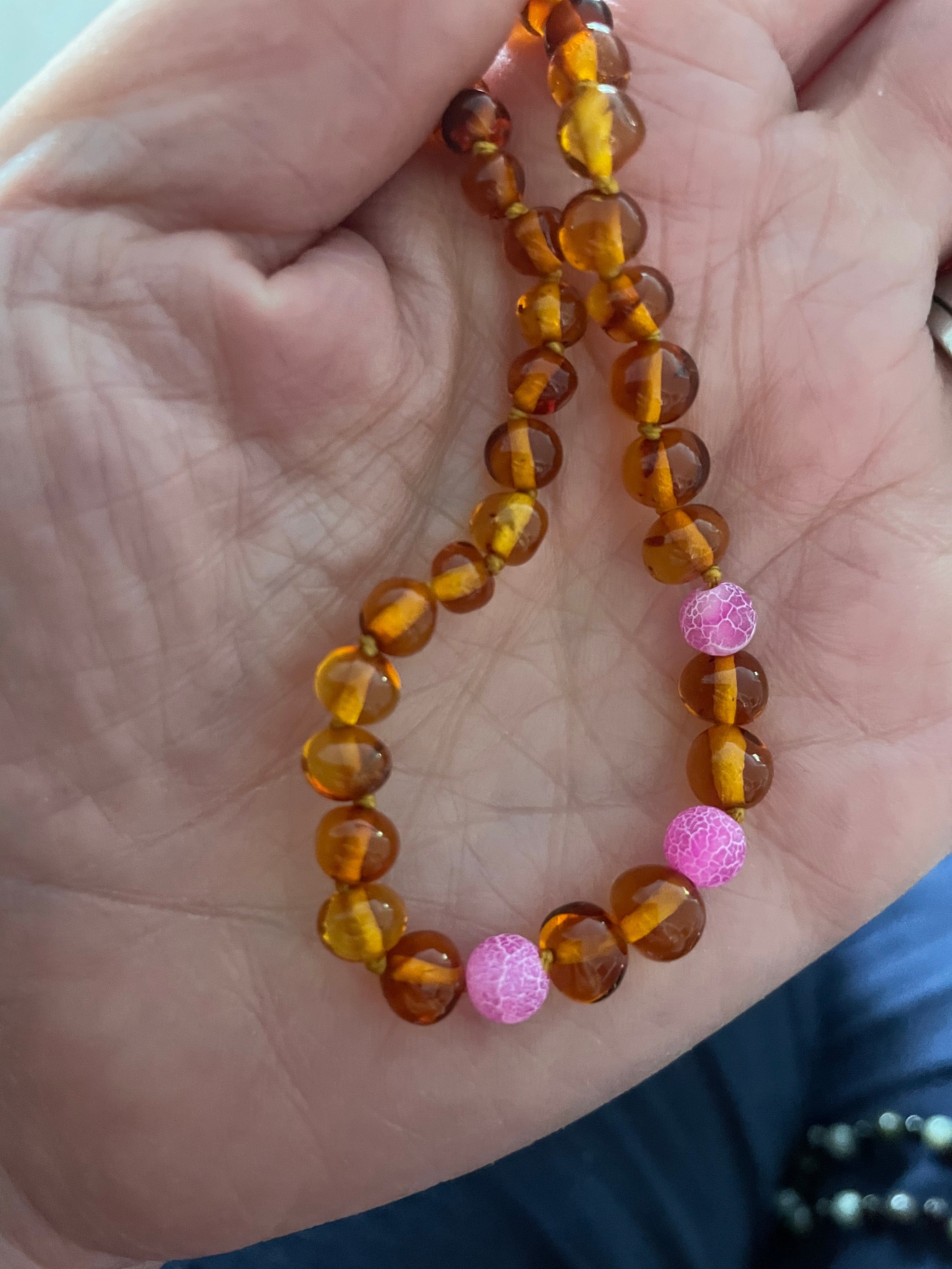 Child Honeysuckle Pink Agate Polished Honey Baltic Amber Anklet Bracelet