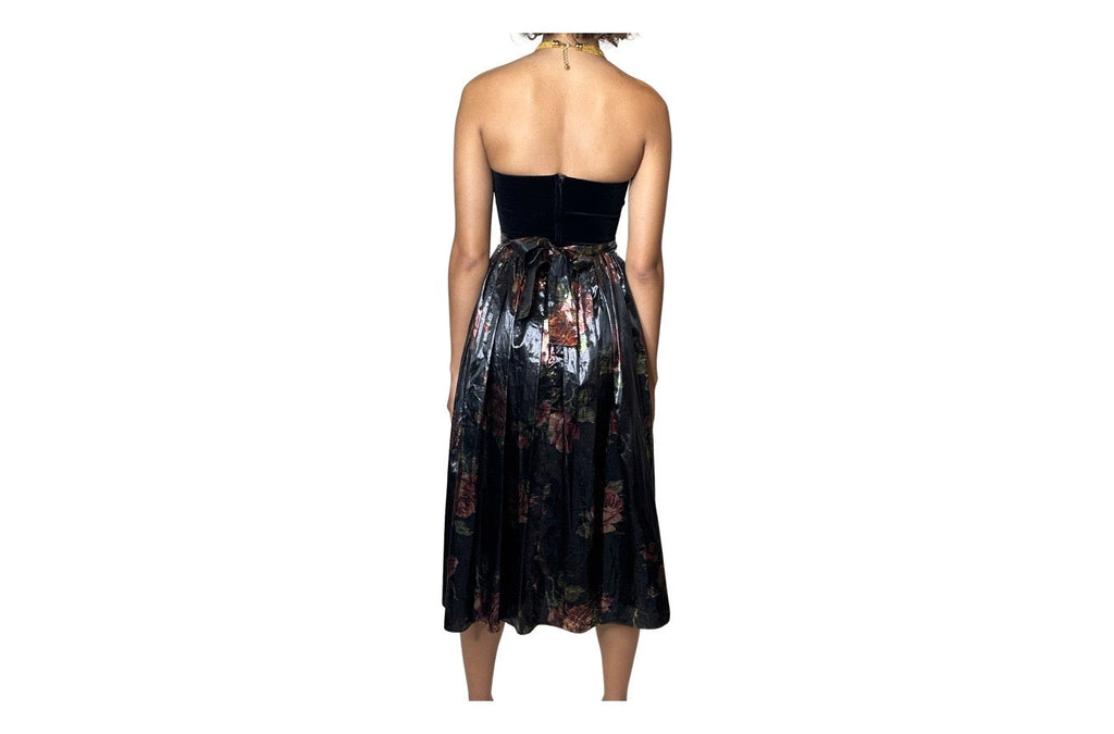 Original 1970's Vintage Black Velvet & Bronze Floral Print Dress by Radley UK 8 - 12