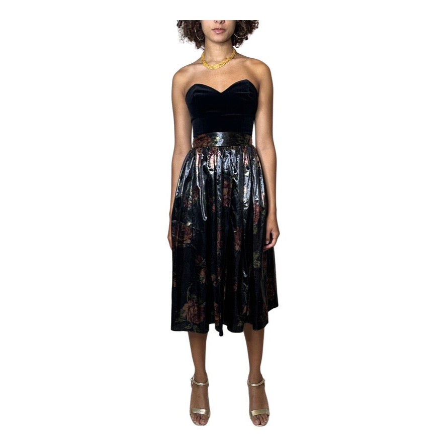 Original 1970's Vintage Black Velvet & Bronze Floral Print Dress by Radley UK 8 - 12